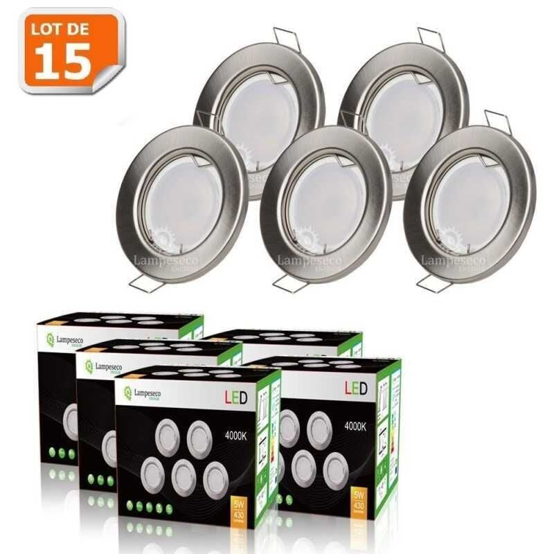 Lot de 15 spot led encastrable complète ronde fixe alu brossé blanc neutre eq. 50w