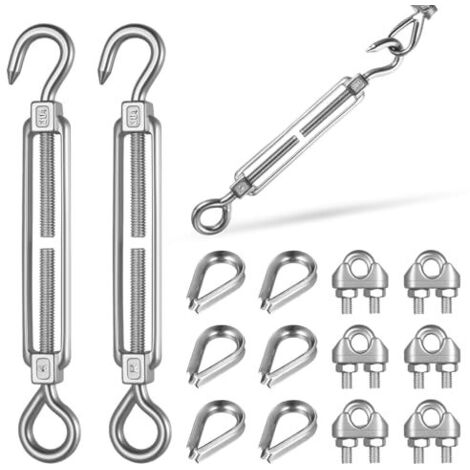 Lot de 15 tendeurs câble à ridoir : 3 pcs M6 en acier inoxydable ridoirs fil ridoirs, 6 serre-câbles métalliques, cosses tendeur métallique, pour voile -