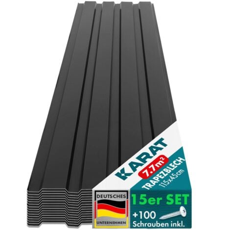 Lot de 15 tôles trapézoïdale tôles Tôle avec vis Épaisseur 0,25 mm, 115 x 45 cm, Noir