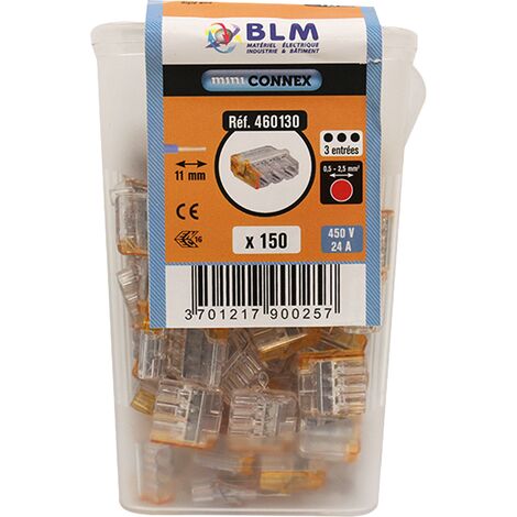 Lot de 150 bornes de connexion 3 fils – Capacité 1 à 2,5 mm² – Tenue au fil incandescent 960°C – Homologations NF, CE, UL – BLM