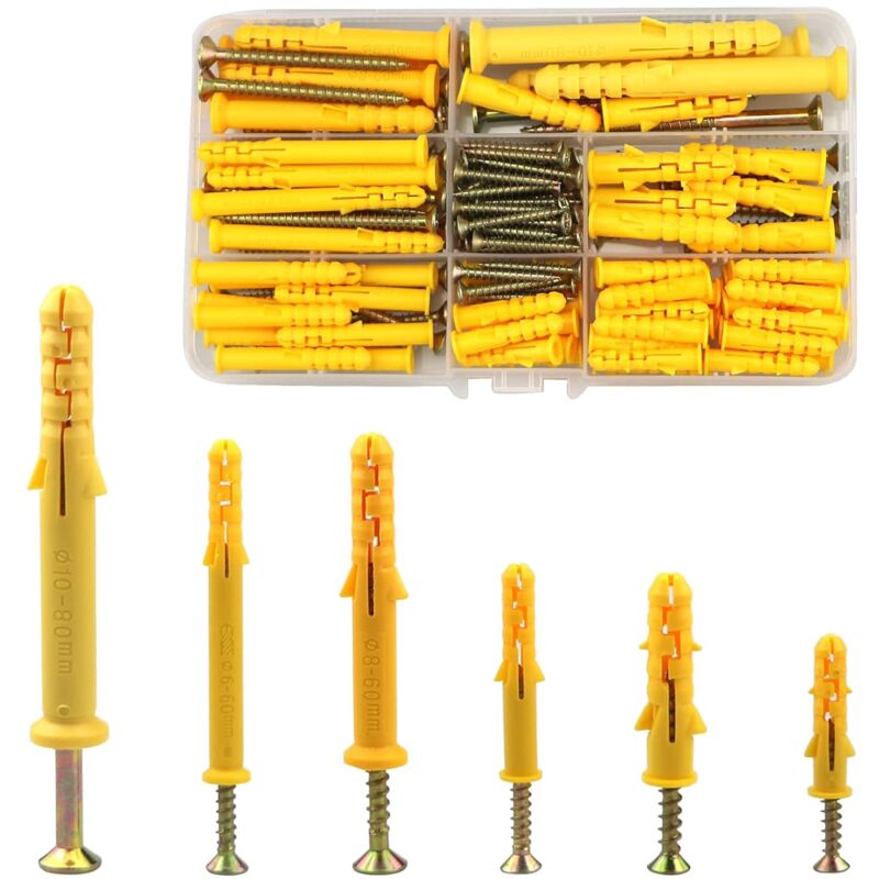 Lot de 150 chevilles murales et vis pour brique, maçonnerie, boulons d'ancrage en plastique (M6/M8/M10) assortis pour fixer des cadres photo, des