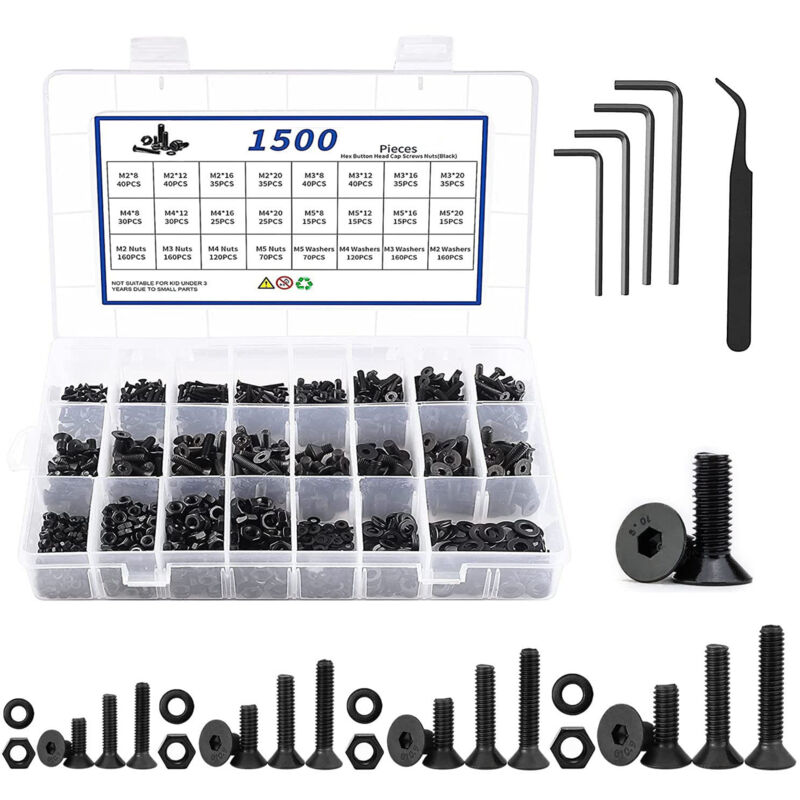 Lot de 1500 vis à six pans creux M2 M3 M4 M5 avec boîte de rangement