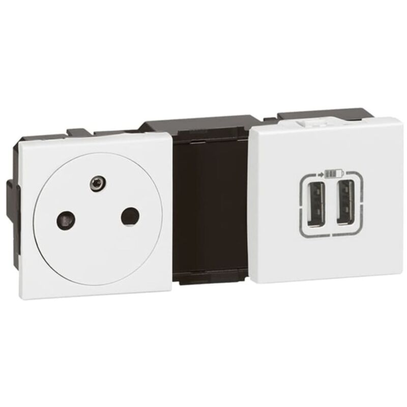 Prise 2P+T 16A + chargeur 2 usb Type-A précablee 5 modules - Mosaic - Blanc Legrand