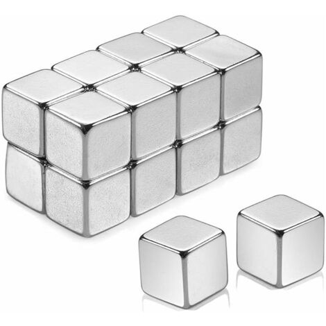 Lot de 16 aimants cubiques en néodyme extra forts pour tableaux magnétiques en verre, réfrigérateur, tableau blanc, carte d'école, carte de bureau, contenant de rangement, argent (10 x 10 x 10 mm)
