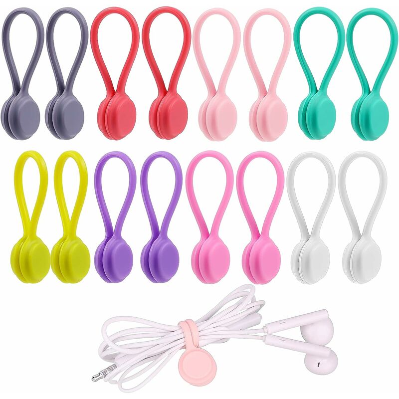Lot de 16 attaches magnétiques torsadées en silicone réutilisables pour câbles d'écouteurs, câbles usb, cordons de charge, stylos et porte-clés (8