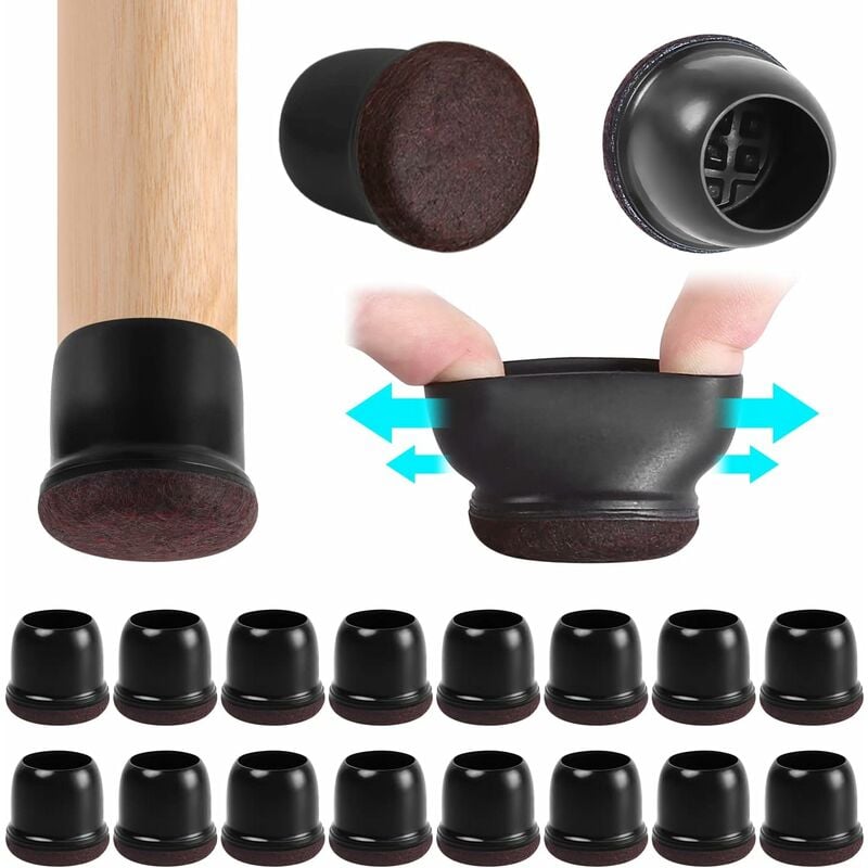 Lot de 16 Capuchons de Protection pour Pieds de Chaise avec Feutre, en Caoutchouc, Tapis de Meubles pour sols en Bois Dur, Rond Noir, diamètre 25-30