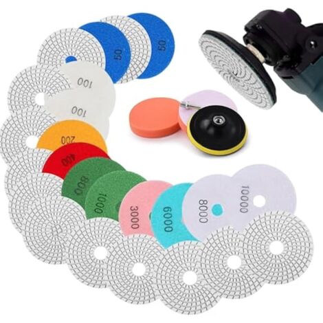 Lot de 16 disques de polissage 50 -10000 pour granit, pierre, béton, marbre, ponceuse de sol ou polisseuse en marbre pour polissage avec plaque de support M14 + adaptateur