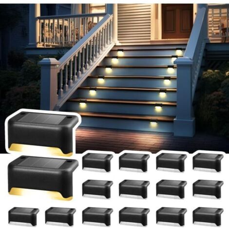 Lot de 16 lampes solaires d'extérieur pour escalier - Étanche - Éclairage LED pour escalier extérieur, marches, clôture, cour, terrasse, gouttière, chemin, décoration, noir blanc chaud [Classe énergét