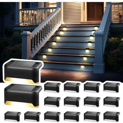 Lot de 16 lampes solaires d'extérieur pour escalier - Étanche - Éclairage LED pour escalier extérieur, marches, clôture, cour, terrasse, gouttière, chemin, décoration, noir blanc chaud [Classe énergét
