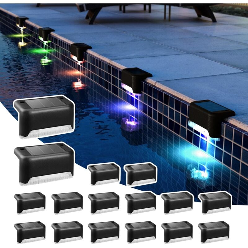 Lot de 16 lampes solaires étanches pour escaliers extérieurs, marches, clôtures, cour, patio et allée (noir, changement de couleur)