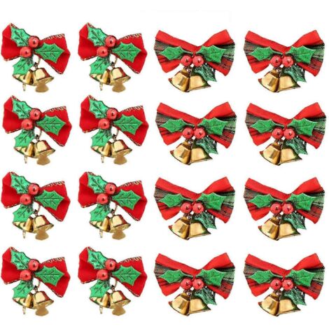 Lot de 16 nœuds de Noël avec clochettes, mini nœuds papillon, décorations à suspendre au sapin, à confectionner soi-même ou à offrir.