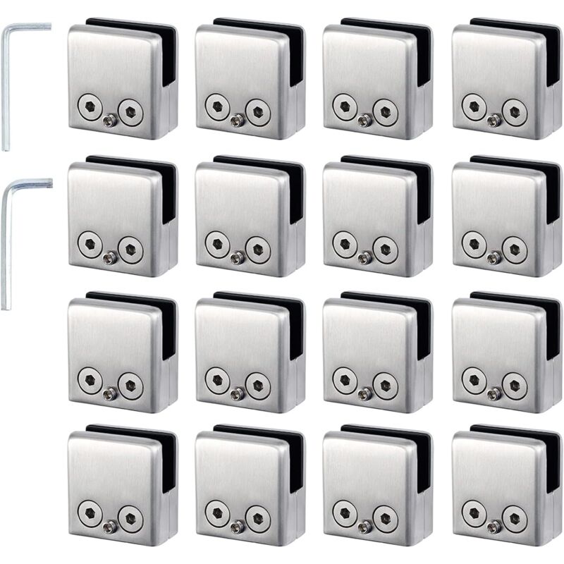 LaBlanc - Pinces à verre,16 pièces en acier inoxydable 304 de 8 à 10 mm,Supports de verre réglables à dos plat, Convient pour les rampes d'escalier,