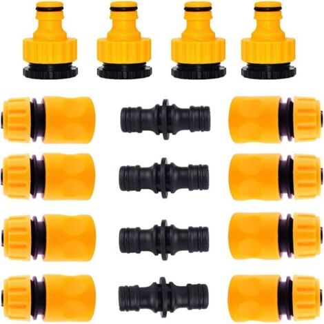 lot de 16, raccords pour tuyaux d'arrosage, 8 pièces de tuyaux à connexion rapide 1/2", 4 pièces de raccords doubles et 4 pièces de raccords 3/4", raccords pour tuyaux d'arrosage en plastique