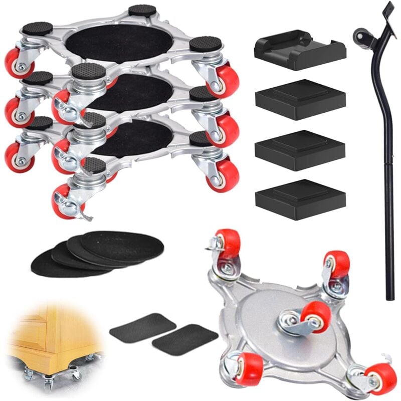 Lot de 16 roulettes de Transport pour Meubles - 400 kg - Patins pour Meubles Lourds - avec Pied de biche et Patins de relèvement - pour déménagement