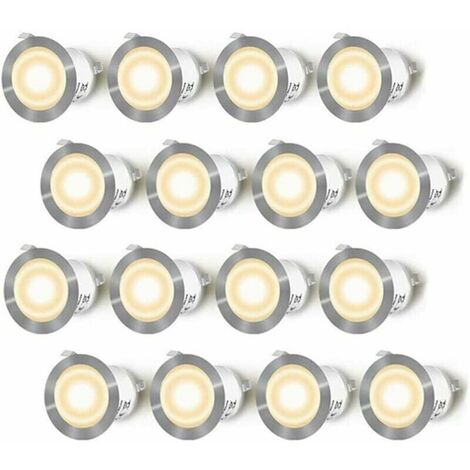 Lot de 16 Spots LED Encastrable pour Terrasse Bois, Etanche IP67, Spots à Encastrer Extérieur, 0,6W DC12V, Lumière Blanc Chaud, Kit Mini Lampe pour Chemin Contremarches d'escalier Plafond