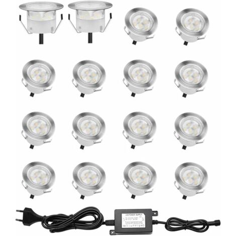Lot de 16 Spots LED Encastrable pour Terrasse Bois, Etanche IP67, Spots à Encastrer Extérieur, 0,6W DC12V, Lumière Blanc, Kit Mini Lampe pour Chemin Contremarches d'escalier Plafond [Classe énergétiqu