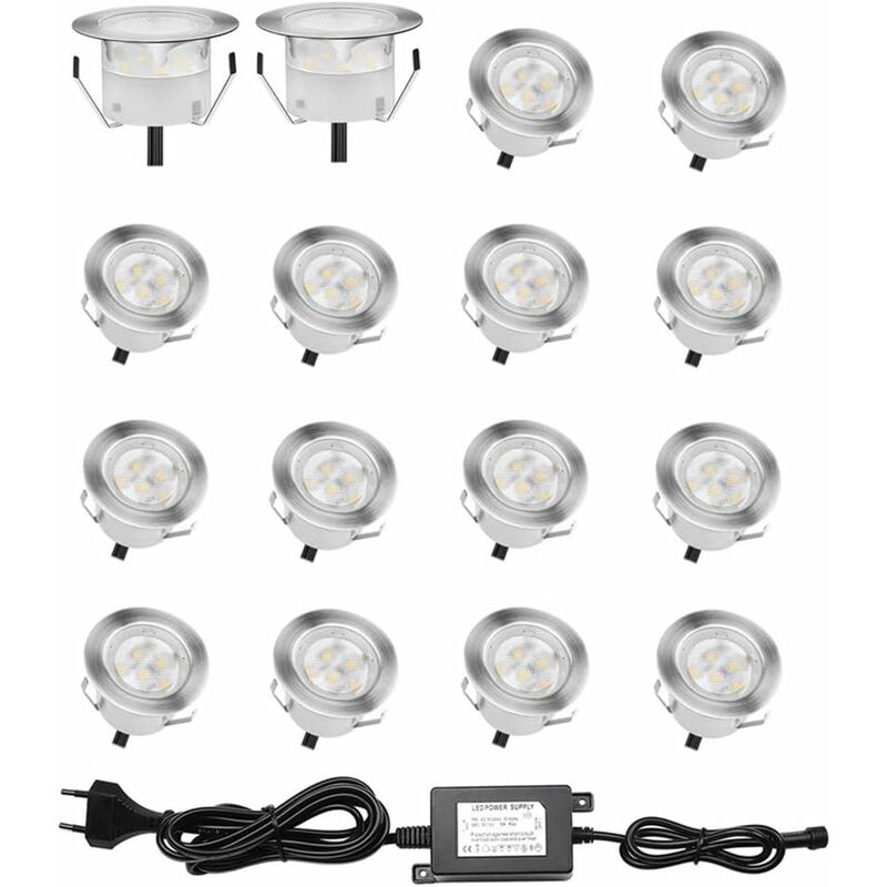 Lot de 16 Spots led Encastrable pour Terrasse Bois, Etanche IP67, Spots à Encastrer Extérieur, 0,6W DC12V, Lumière Blanc, Kit Mini Lampe pour Chemin