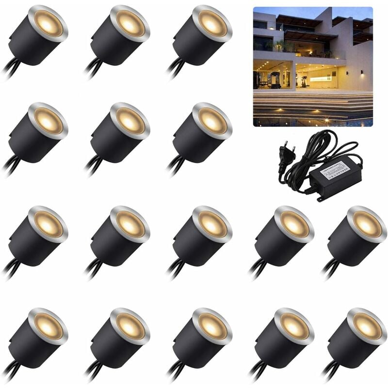 Lot de 16 spots led encastrables - 12 v - Blanc chaud - IP67 - Étanche - 0.6 w - Diamètre : 32 mm - Pour l'intérieur et l'extérieur - 2800 k - Blanc