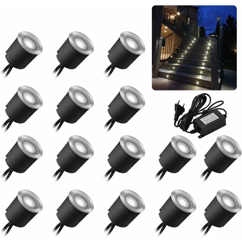 Lot de 16 spots led encastrables au sol - Étanchéité IP67-0.6 w - Diamètre : 32 mm - Pour l'intérieur et l'extérieur - 4000 k - Blanc - 12 v [Classe