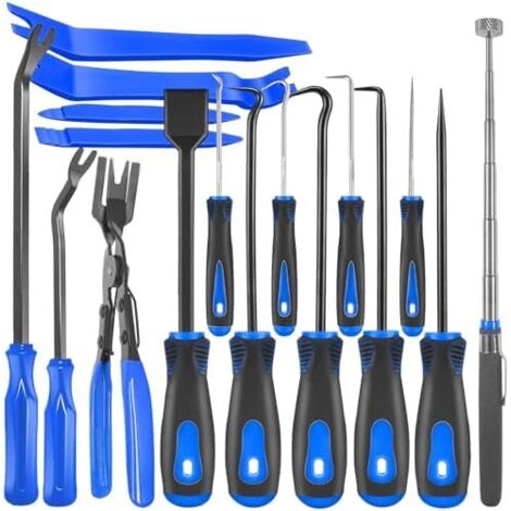 Lot de 17 outils retrait garnitures voiture, pince à clip, grattoir joint, outil ramassage magnétique télescopique pour réparation automobile et fixation panneau -