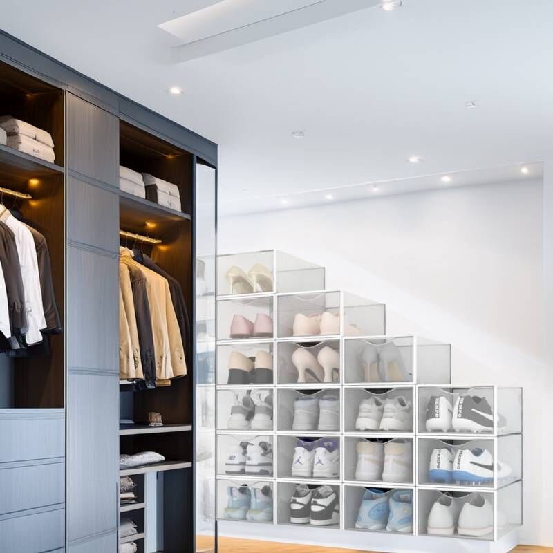 Lot de 18 Boîtes à Chaussures/Rangement Transparentes Blanches Empilables en Plastique 33.4x23x14.5cm - SECURY-T