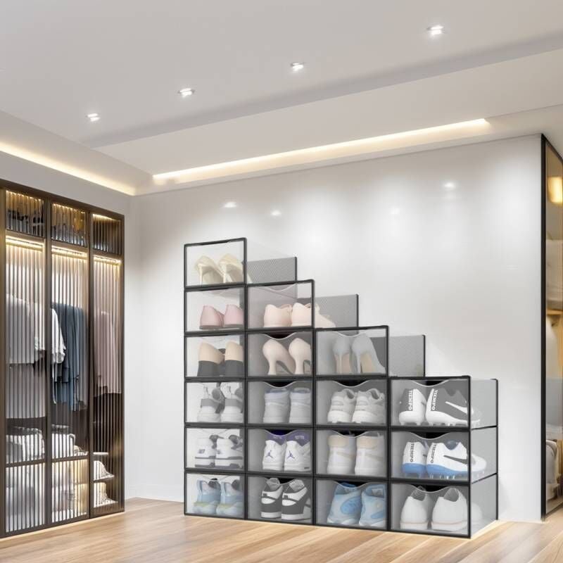 Secury-t - Lot de 18 Boîtes à Chaussures/Rangement Transparentes Noires Empilables en Plastique 33.4x23x14.5cm