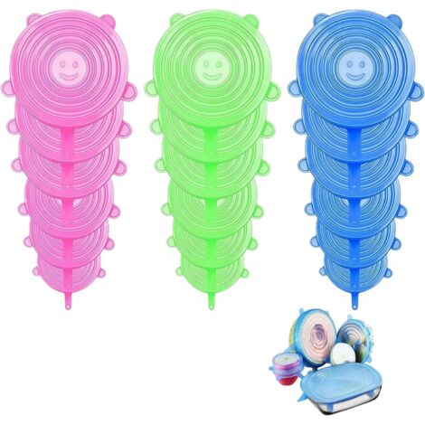 Lot de 18 couvercles silicone 6 tailles. Élastiques, sans BPA, réutilisables. Coloris rose/vert/bleu