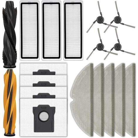 Lot de 18 pièces de rechange D20 Pro Plus compatibles avec aspirateur robot Dreame D20 Pro Plus, 2 brosses à rouleau, 5 lingettes, 3 filtres HEPA, 4 sacs à poussière, 4 brosses latérales, kit