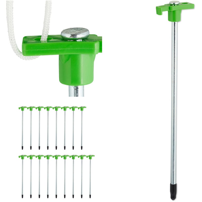 Lot de 18 piquets de fixation, pour sols durs, 25 cm, acier, sardines robustes pour le camping, vert clair - Relaxdays