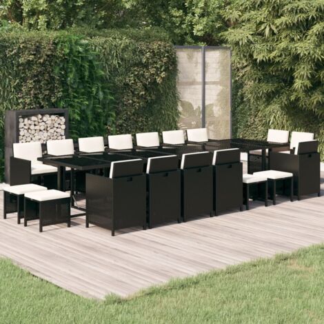 Lot de 19 Ensemble à dîner,Mobilier Table+Chaises de jardin coussins Résine tressée Noir -60167