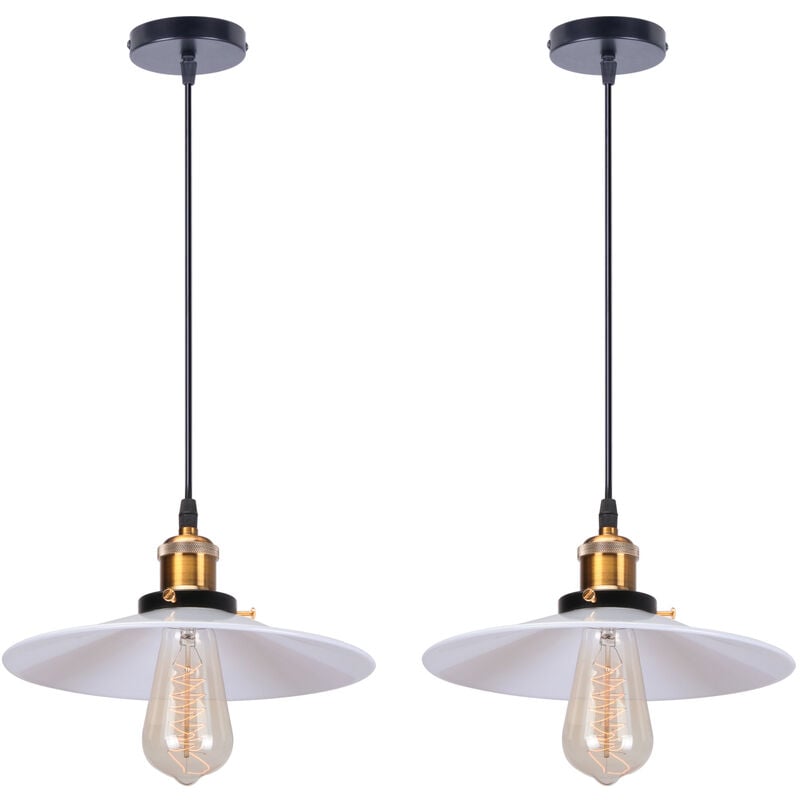 2PCS Rétro Lustre Suspension Industrielle 26cm Plaofnnier Fer Abat-jour en Métal Blanc