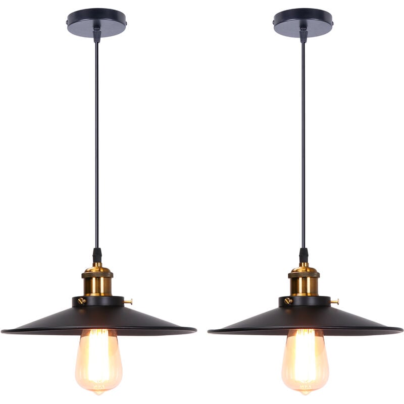 2PCS Rétro Lustre Suspension Industrielle 26cm Plaofnnier Fer Abat-jour en Métal Noir