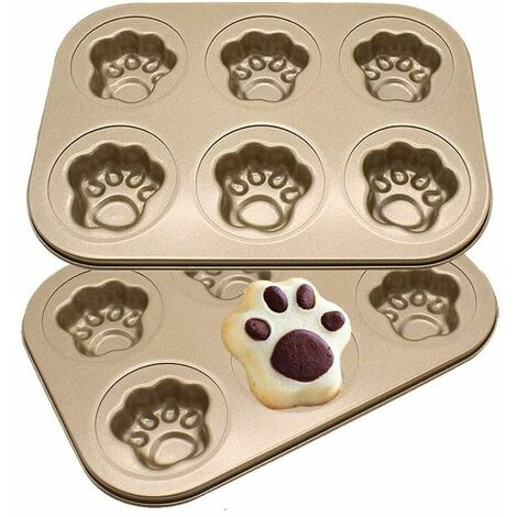 Lot de 2 6 plaques de cuisson métalliques antiadhésives mignonnes dans un bol de forme spécifique pour les biscuits au chocolat - 26,5 x 18,5 cm, patte de chat dorée