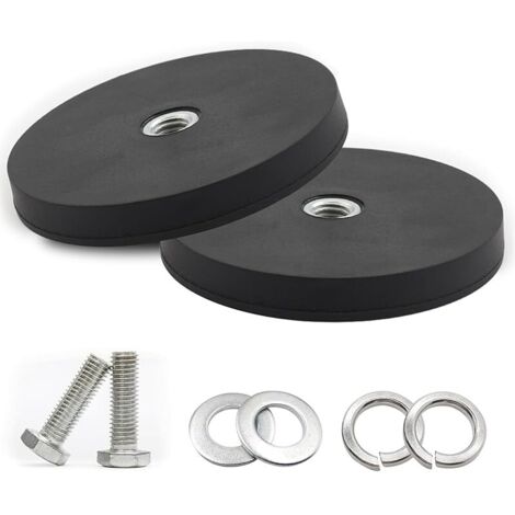 Lot de 2 aimants ronds en néodyme caoutchoutés, diamètre : 88 mm, en caoutchouc, capacité de charge : 55 kg, aimants puissants en caoutchouc, antidérapants, avec filetage intérieur M10, pour vis