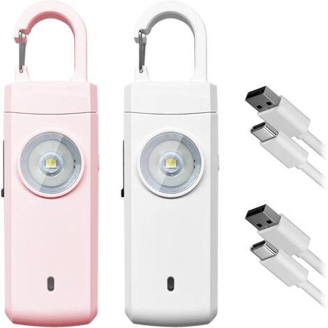 Lot de 2 alarmes personnelles de poche 130 dB avec flash LED, rechargeables, anti-agression, porte-clés pour femmes, enfants et personnes âgées – Blanc et rose