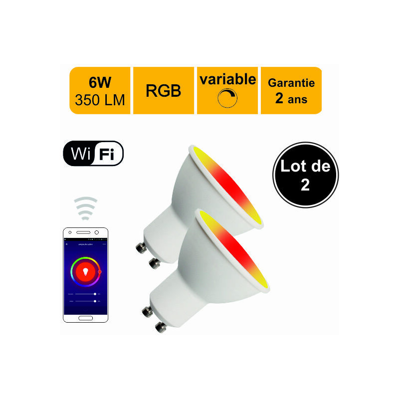 Lutece-arc - Lot de 2 ampoules connectées led GU10 6W 350Lm rgb Dimmable - compatible avec Alexa ou Google Home - garantie 2 ans