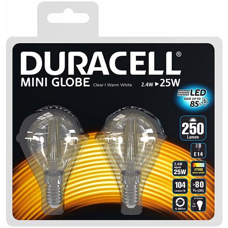 Lot de 2 ampoules Duracell LED E14 25W Mini Globe filament