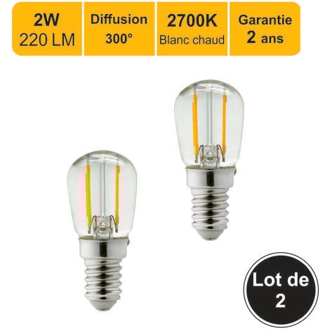 Lot de 2 ampoules LED filament E14 2W 220Lm 2700K - ST26 Frigo / Machine à coudre - garantie 2 ans