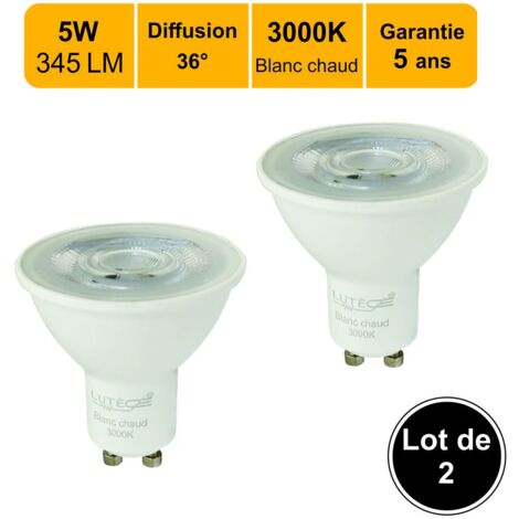 Lot de 2 ampoules LED GU10 36° 4,7W 350Lm 3000K - garantie 5 ans