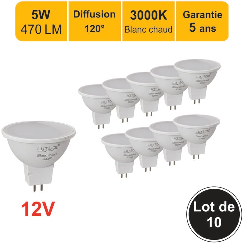 Lot de 10 ampoules led GU5.3 (MR16) 12V 5W - 120° - 470Lm 3000K - garantie 5 ans