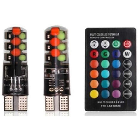 Lot de 2 ampoules LED RGB T10 W5W pour plafonnier de voiture, feux de gabarit avec télécommande