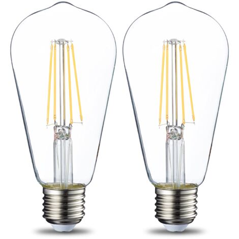 Lot de 2 ampoules LED vintage Culot Edison E27 ST64 6W Filament transparent Intensité non variable [Classe énergétique E]