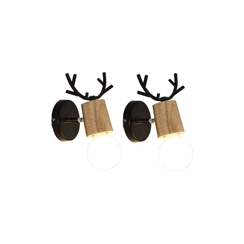 Lot de 2 Applique Mural Deisgn Cerf en Bois E27 Lampe Murale Intérieur Eclairage pour Chambre Salon Escalier Noir