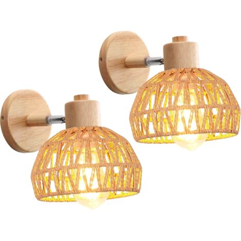 Lot de 2 Applique Murale, Bois et Rotin, Angle Réglable 180°, Douille E27, Pour Salon Chambre