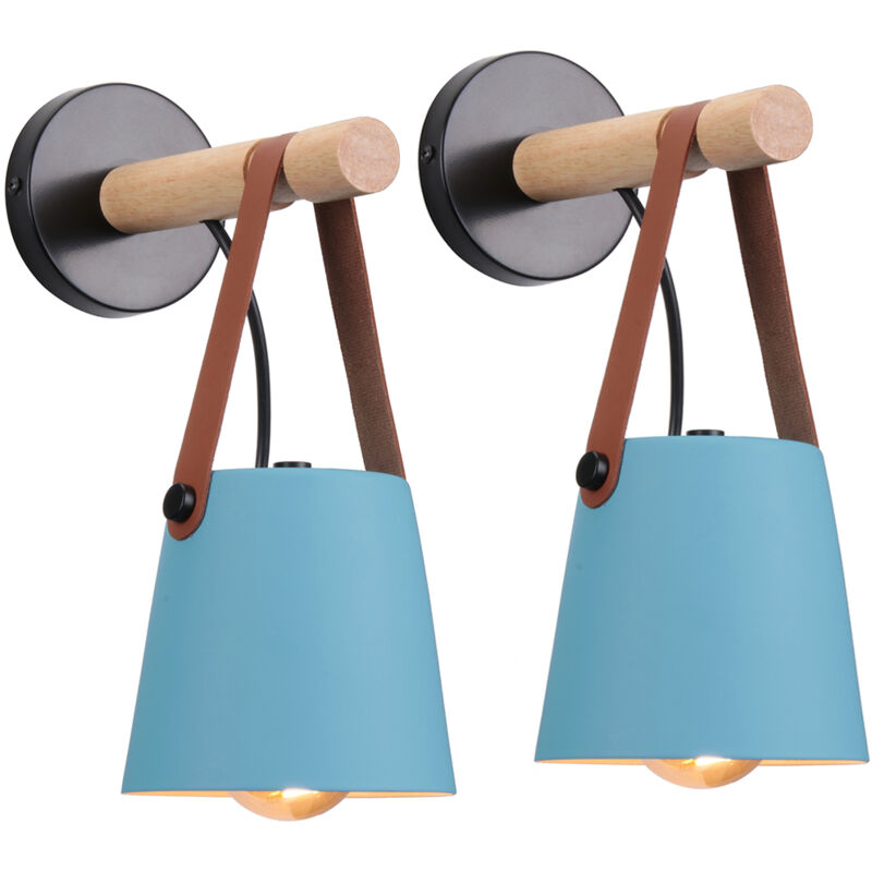 Lot de 2 Applique murale en bois naturel abat-jour suspendu ceinture e27 douille luminaire pour couloir chambre à coucher salon, bleu (sans ampoule)