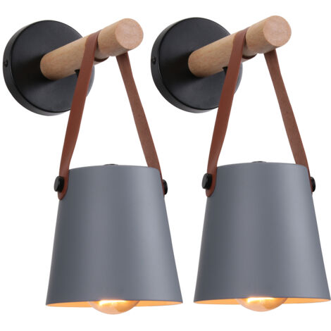 Lot de 2 Applique murale en bois naturel abat-jour suspendu ceinture e27 douille luminaire pour couloir chambre à coucher salon, gris (sans ampoule)