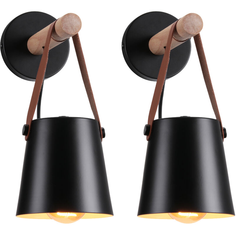 Lot de 2 Applique murale en bois naturel abat-jour suspendu ceinture e27 douille luminaire pour couloir chambre à coucher salon, noir (sans ampoule)