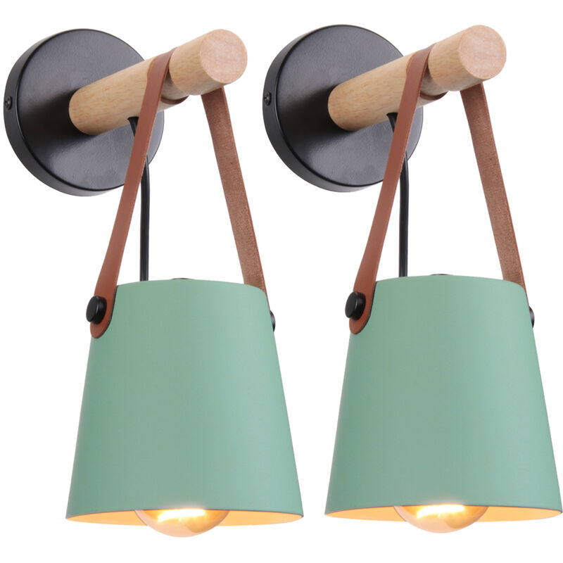 Lot de 2 Applique murale en bois naturel abat-jour suspendu ceinture e27 douille luminaire pour couloir chambre à coucher salon, vert (sans ampoule)