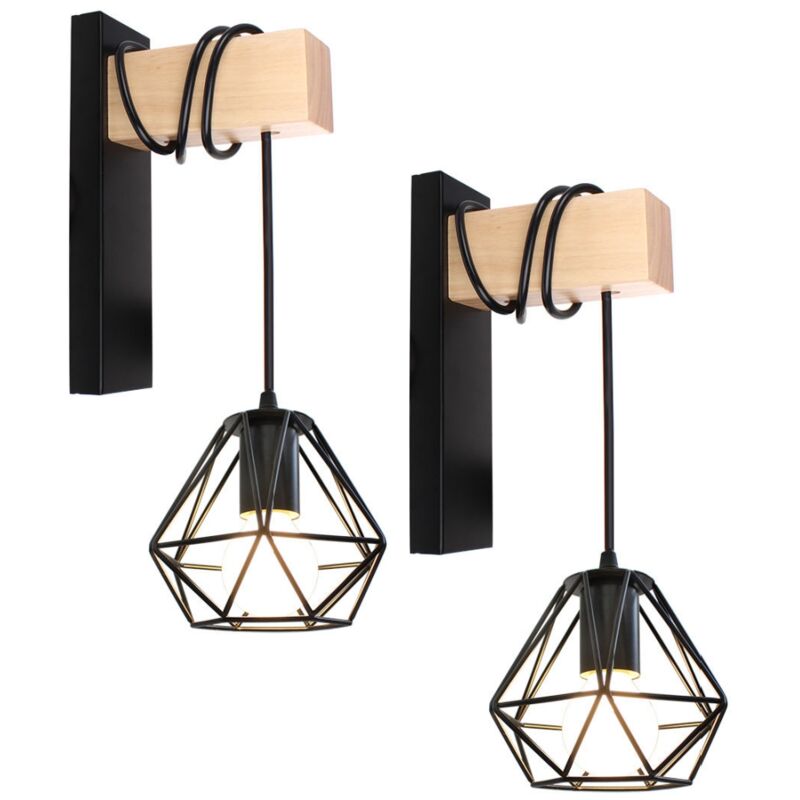 Applique Murale Industrielle E27 Lampe Murale en Métal et Bois Luminaire Suspension Noir pour Chambre Salon Bar Ø16CM - 2Pcs