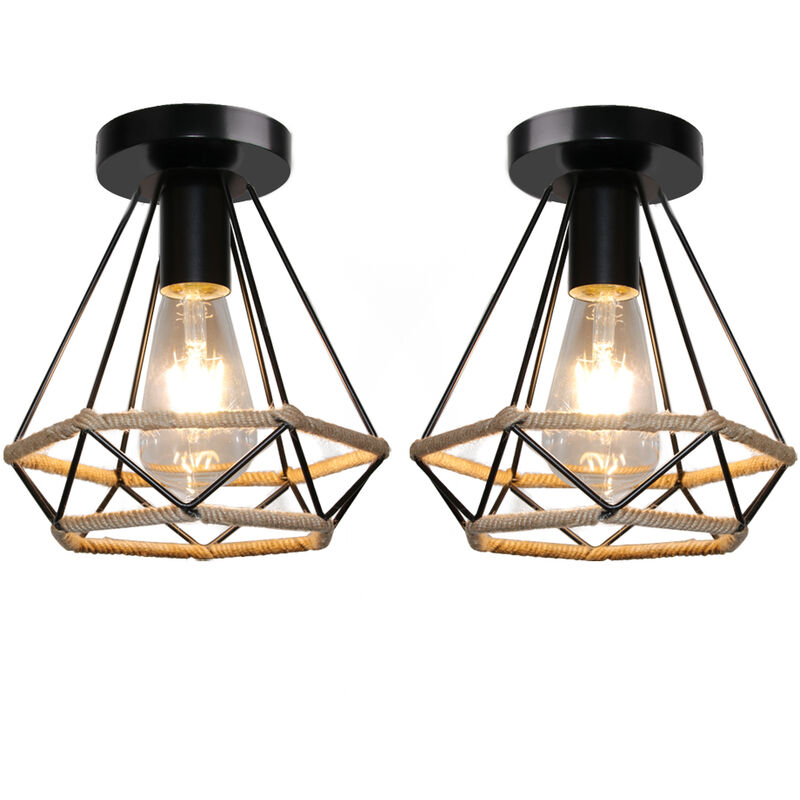 Plafonnier Industriel Vintage Suspension Luminaire Métal Corde de Chanvre Lampe de Plafond Créatif Noir E27 Ø20CM - 2Pcs